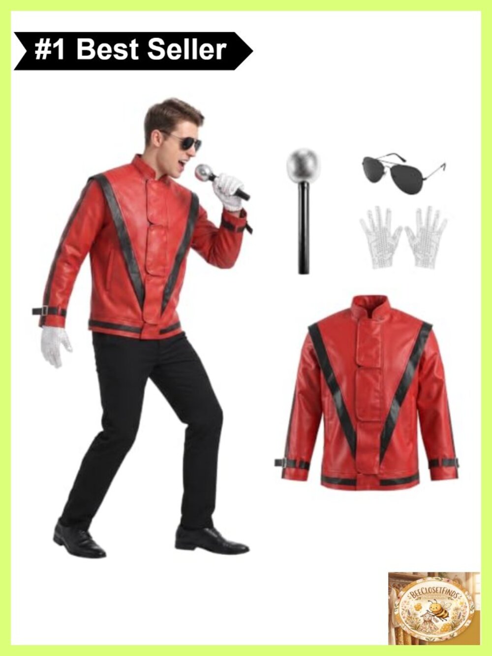 4 Pc Faux Leather PU Jacket Costume Set Sunglasses Sequin Glove Mic Prop